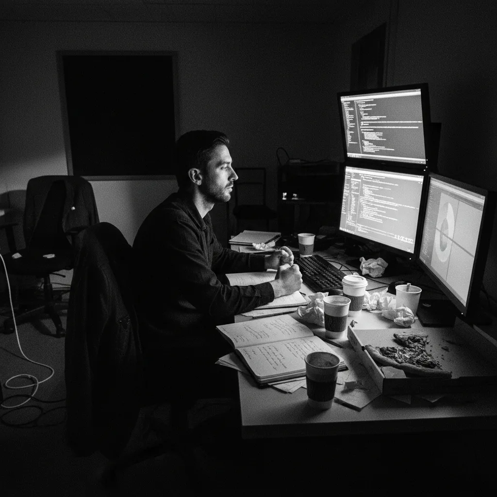 Stressed professional at desk with multiple screens