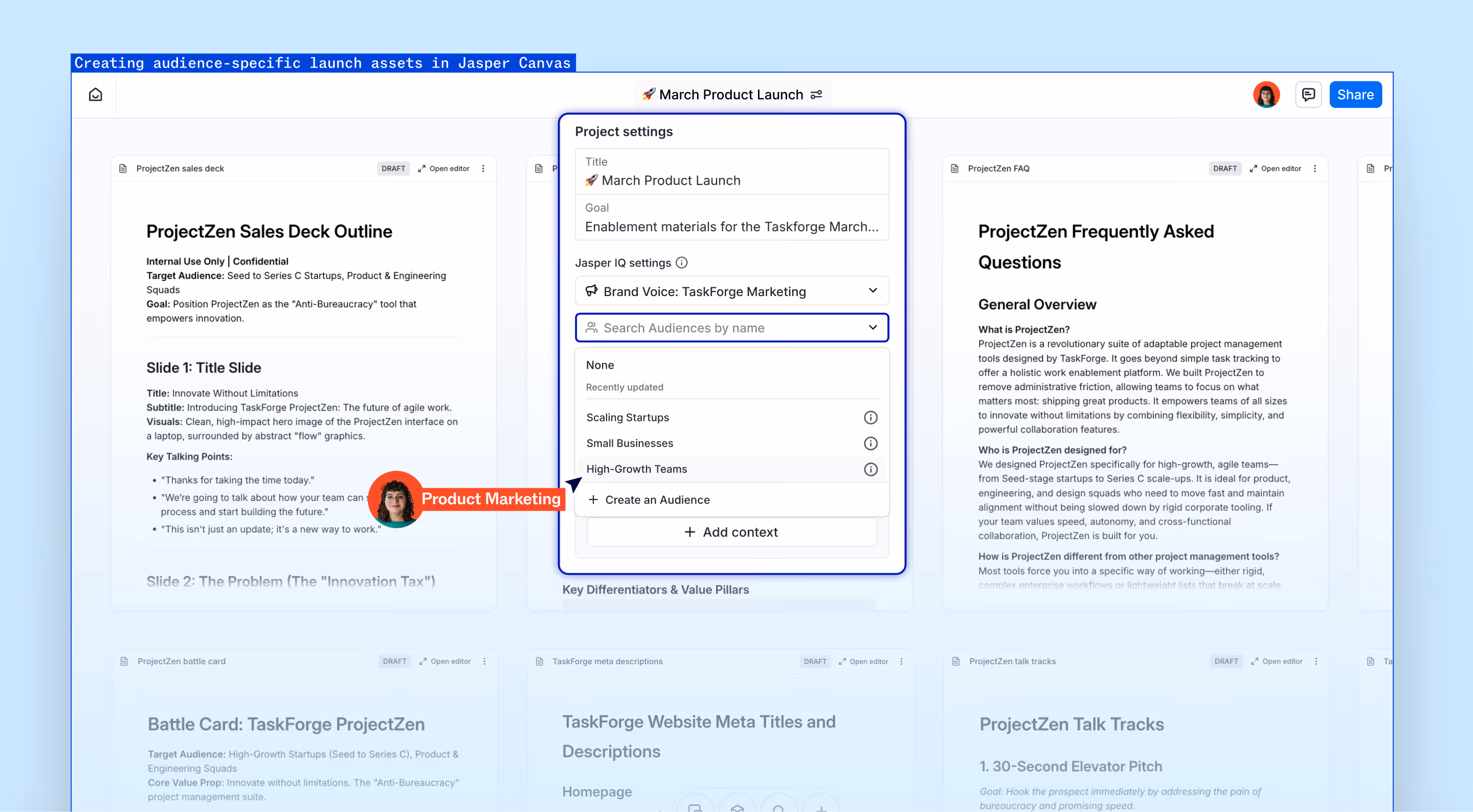 Jasper AI campaign editor showing a product launch campaign